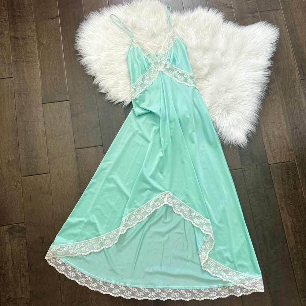 Vintage Undercover Wear 80s Silky Satin Pastel Green Lace Maxi Gown Slip Dress - Picture 4 of 10